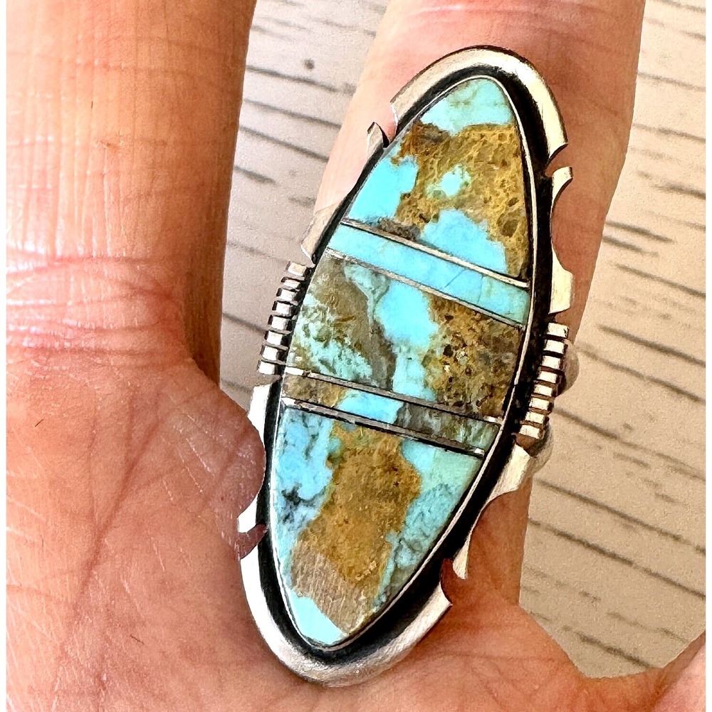 Navajo Long #8 Mine Turquoise Ring Sz 6 Sterling Signed Steve Francisco Marquis